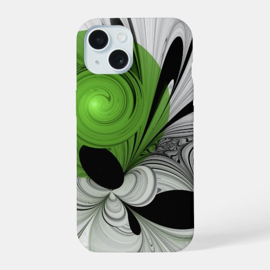 Abstract Zwart-wit met Groene Fractal Art iPhone 15 Hoesje (Achterkant)