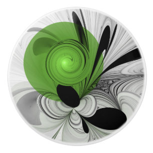 Abstract Zwart-wit met Groene Fractal Art Keramische Knop