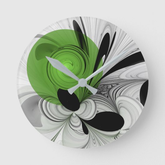 Abstract Zwart-wit met Groene Fractal Art Ronde Klok (Voorkant)