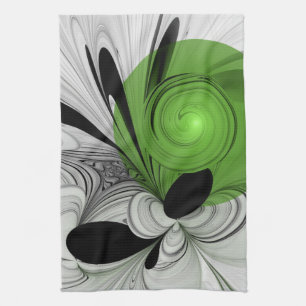 Abstract Zwart-wit met Groene Fractal Art Theedoek