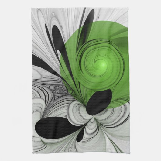 Abstract Zwart-wit met Groene Fractal Art Theedoek (Verticaal)