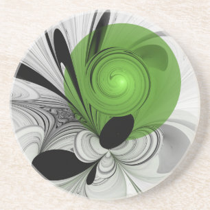 Abstract Zwart-wit met Groene Fractal Art Zandsteen Onderzetter
