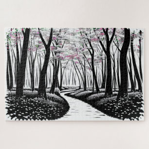 Abstract zwart-wit silhouet bos pad legpuzzel