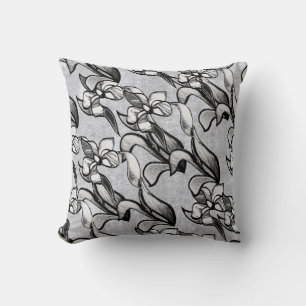 Abstract zwart witte glans bloemen op zilver kussen