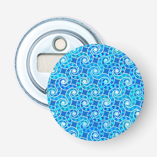 Abstract zwenkpatroon - blauw, turkooizen & wit button flesopener (Voorkant)