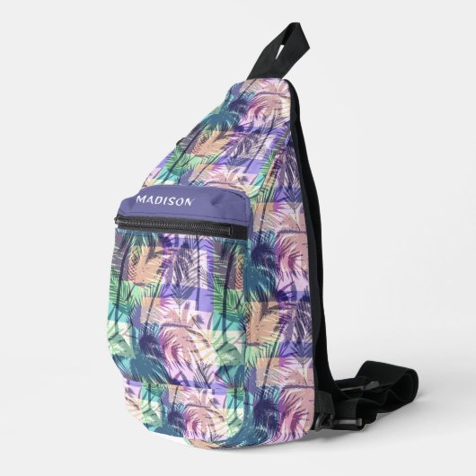 Abstracte aangepaste naam palmboompatroon sling bag (Rechterhoek)