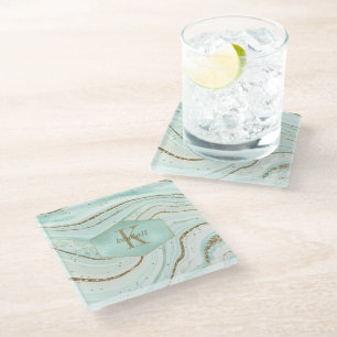 Abstracte Agate Monogram Mint ID827 Glazen Onderzetter