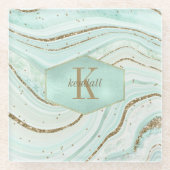 Abstracte Agate Monogram Mint ID827 Glazen Onderzetter (Voorkant)