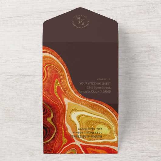 Abstracte Agate Wedding Hot Sinaasappel ID827 All In One Uitnodiging (Buitenkant)