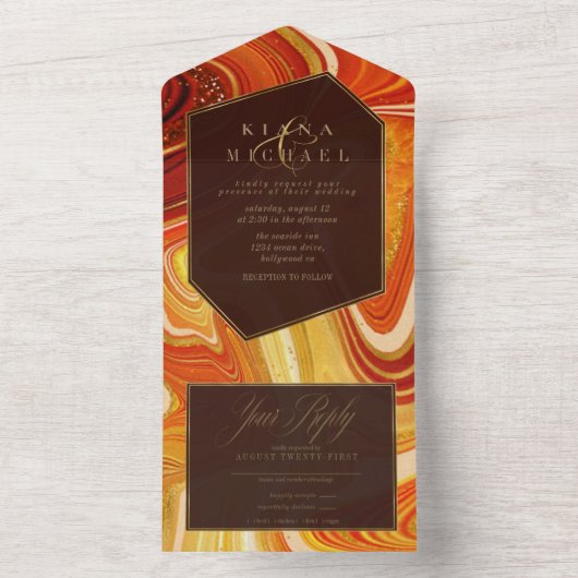 Abstracte Agate Wedding Hot Sinaasappel ID827 All In One Uitnodiging (Binnen)