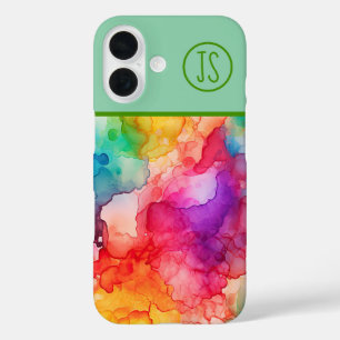 Abstracte Alcohol Ink Style Rainbow Monogrammed iPhone 16 Hoesje
