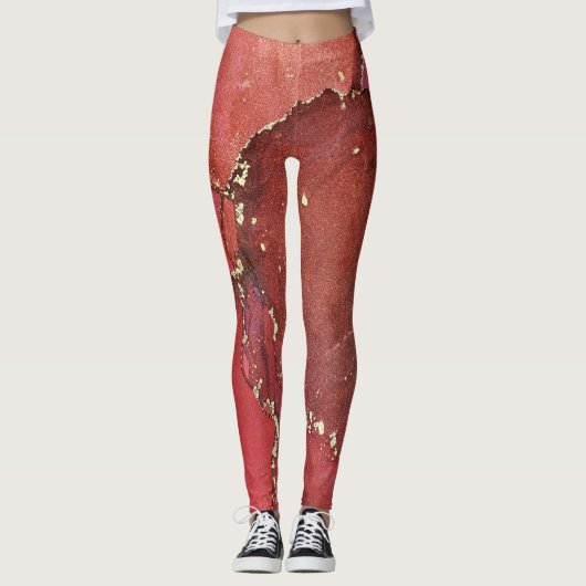 Abstracte alcoholinkt art Bright Red en Gold Leggings (Voorkant)