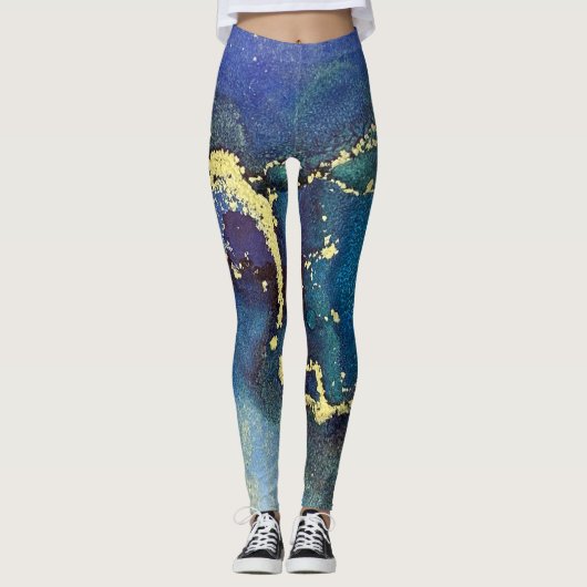Abstracte alcoholinkt Blue Gold Aqua Paars Leggings (Voorkant)