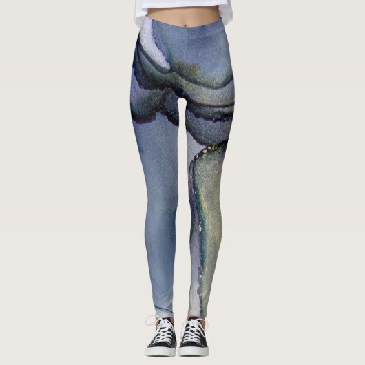Abstracte alcoholinkt Shimmery Blue & Gold Leggings (Voorkant)
