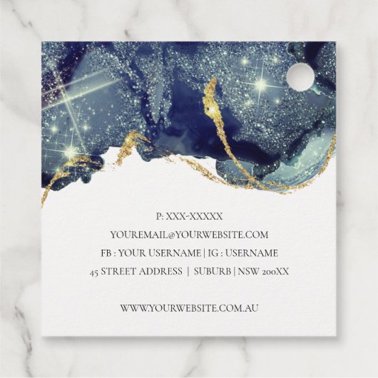 Abstracte alcoholinkt zilver marineblauw glitter bedankjes labels (Achterkant)