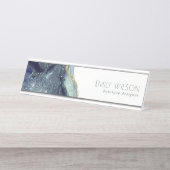 Abstracte alcoholinkt zilver marineblauw glitter bureau naambordje (Voorkant)