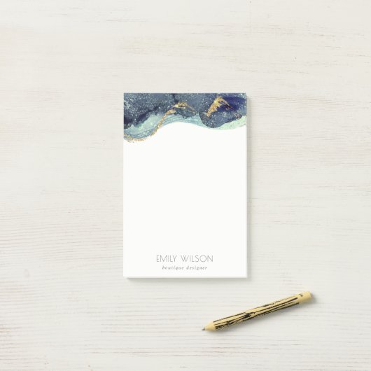 Abstracte alcoholinkt zilver marineblauw glitter post-it® notes (Op bureau)