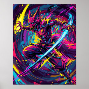 Abstracte Anime: Neon Kitsune Warrior Poster