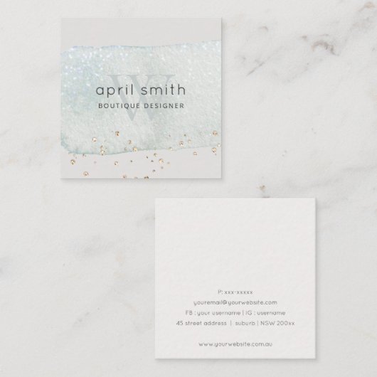 Abstracte Aqua Blue Brush Stoke Monogram Glitter Vierkante Visitekaartje (Voorkant / Achterkant)