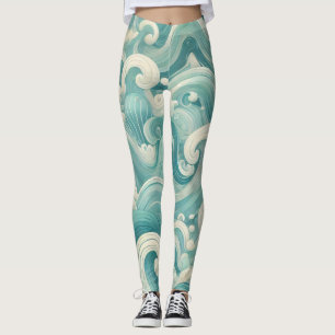 Abstracte Aqua Blue & White Wave – moderne vloeien Leggings