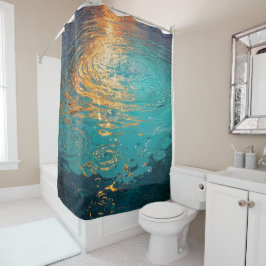 Abstracte Aqua Golven met Gouden Zonlicht Douchegordijn