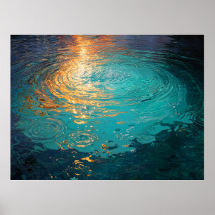 Abstracte Aqua-golven met gouden zonlicht Poster