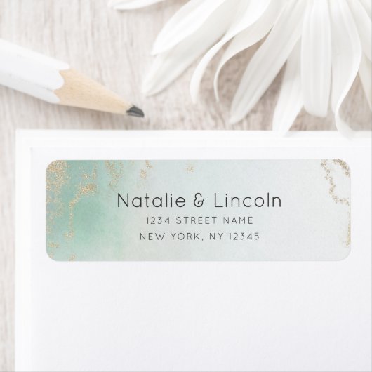 Abstracte Aqua Ombre Fade met Frosted Gold Glitter Etiket (Insitu)