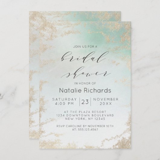 Abstracte Aqua Ombre Fade met Frosted Gold Glitter Kaart (Voorkant / Achterkant)