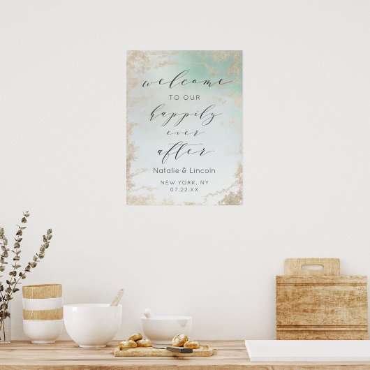 Abstracte Aqua Ombre Fade met Frosted Gold Glitter Poster (Keuken)