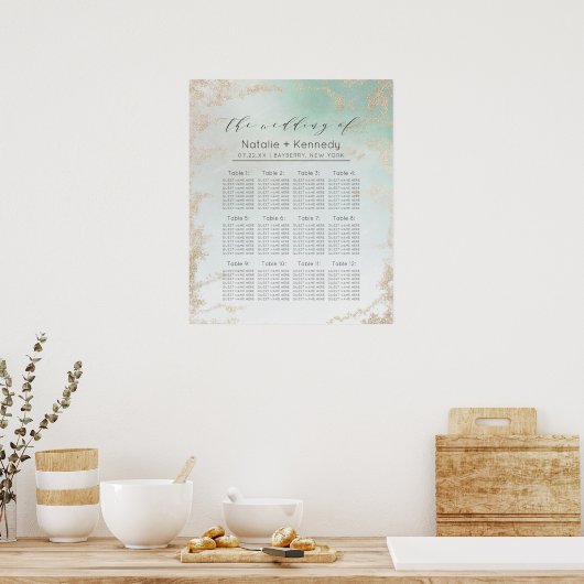 Abstracte Aqua Ombre Fade met Frosted Gold Glitter Poster (Keuken)