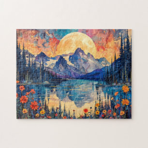 Abstracte aquarelillustratie van volle maan boven legpuzzel