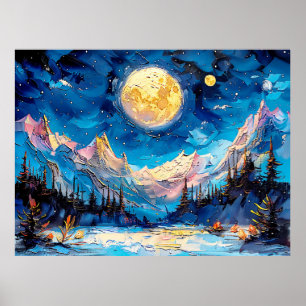 Abstracte aquarelillustratie van volle maan boven poster