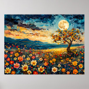 Abstracte aquarelillustratie van volle maan boven poster