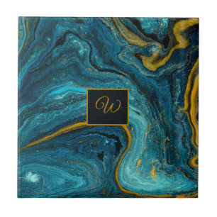 Abstracte Art Blue Green Gold Dust Monogram Marmer Tegeltje