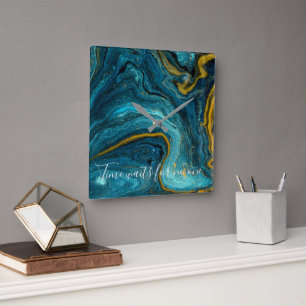 Abstracte Art Blue Green Gold Marmer Vierkante Klok