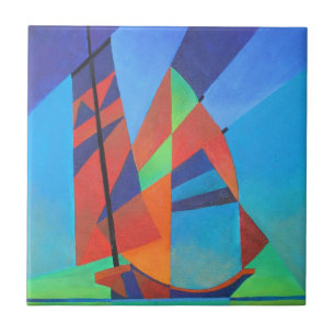 Abstracte art junk boat tegen Deep Blue Sky Tegeltje