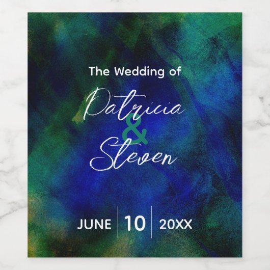 Abstracte artistieke donkerblauwe groene bruiloft wijn etiket (Enkel label)