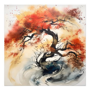 Abstracte Autumn Tree Ink schilderij Foto Afdruk