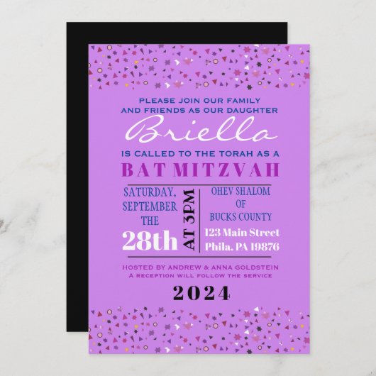 Abstracte Bat Mitzvah Paars Invite Kaart (Voorkant / Achterkant)