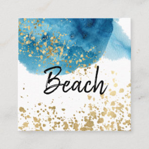 *~* Abstracte Beach Blue Waterverf Gold Glitter Vierkante Visitekaartje