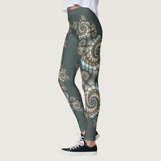 Abstracte beige lichtblauwe fractale kunstspiralen leggings (Links)