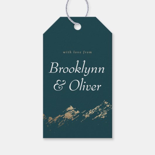 Abstracte bergen Donkergroen & goud met namen Cadeaulabel (Voorkant)