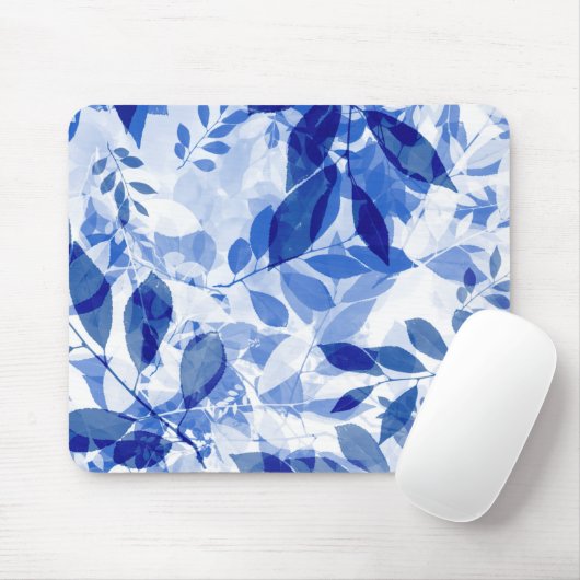 Abstracte blauw en witte bladeren muismat (Met muis)