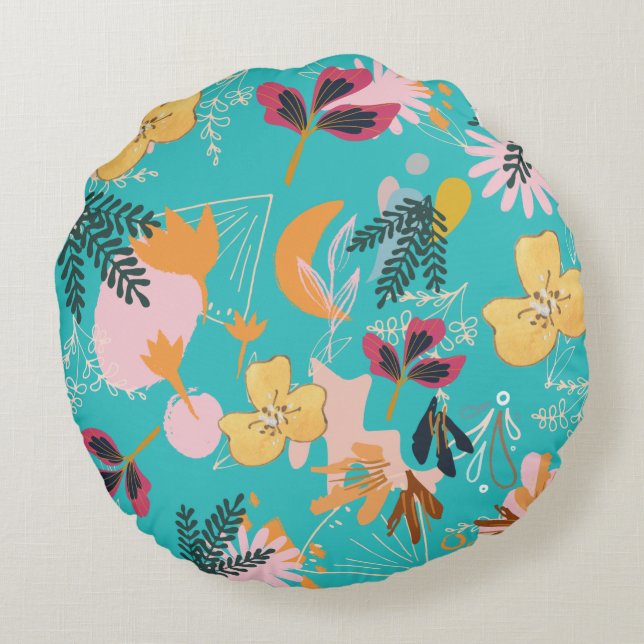 Abstracte blauwbloem rond kussen (Achterkant)