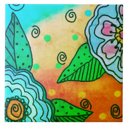 Abstracte blauwe bloemen tegeltje (Voorkant)