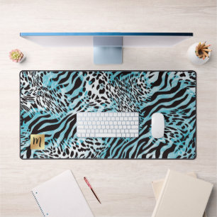 Abstracte Blauwe Dierenprint met Gouden Monogram Bureaumat