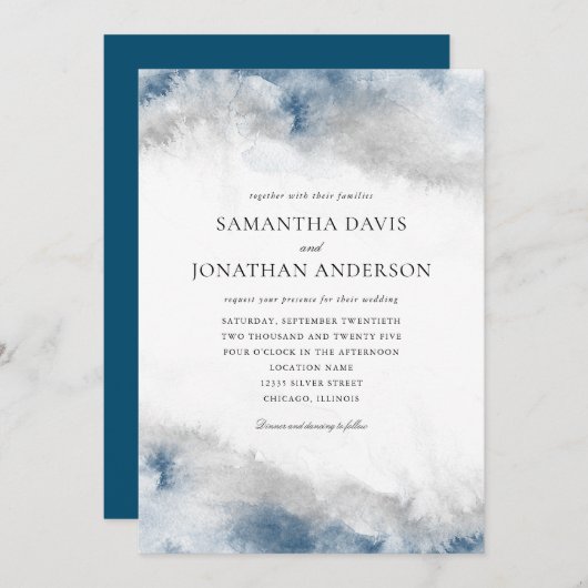 Abstracte blauwe en grijze Waterverf bruiloft Kaart (Voorkant / Achterkant)