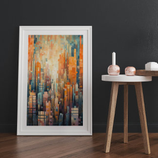 Abstracte Blauwe en Oranje Cityscape Architectuur Poster