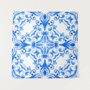 Abstracte blauwe en witte, met de hand getekende t wandkleed