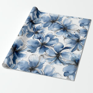 Abstracte blauwe en witte waterverf bloemen cadeaupapier